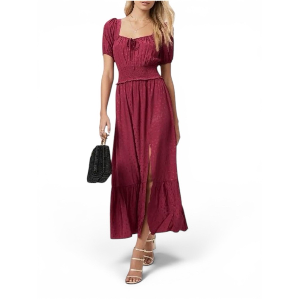 Paige Short‎ Sleeve Midi Dress Leg Slit Red Size XS Romantic Coquette Cottage